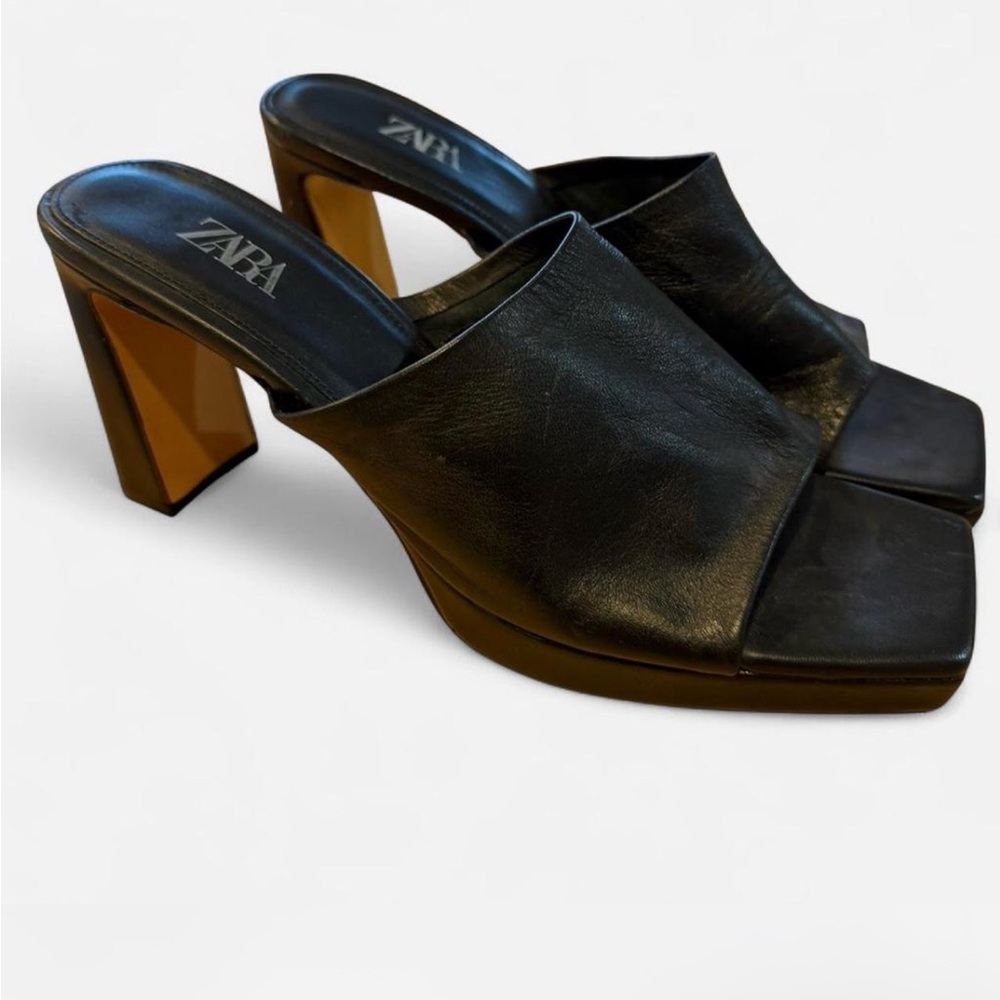 Zara Black Leather Square Toe Mules